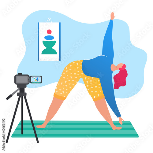 Video homemade fitness blog, woman character internet blogger warmup on camera flat vector illustration, isolated on white. Modern web online hobby, training sport program, female influencer.