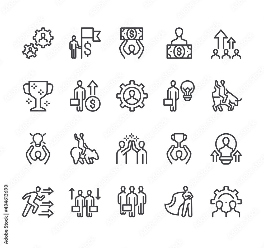 Business people boss employee team working together. Business success teamwork concept. Flat lined thin isolated icon set