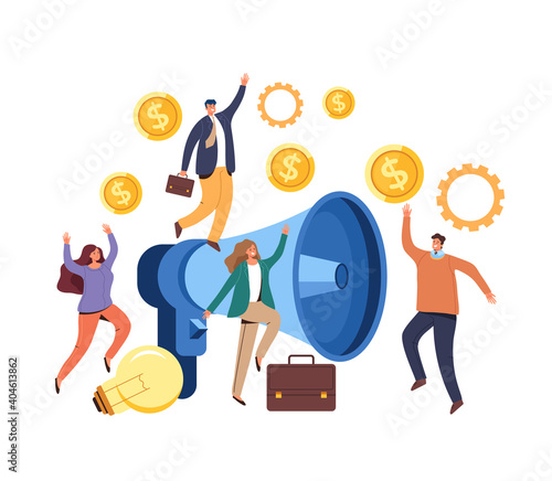 Promotion teamwork loud speaker work. Advertisement concept. Vector flat graphic design illustration