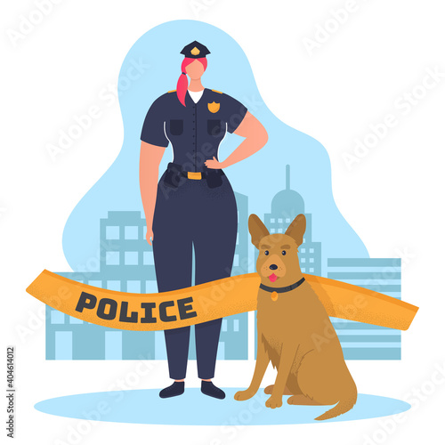 Woman character policeman hold service dog and protect order, law enforcement cartoon vector illustration, isolated on white. Professional police officer, urban city militia employee.