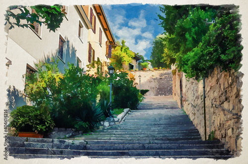 Watercolor drawing of Cobblestone staircase with stairs, green trees, bushes and flowers, street lights between stone walls in Brescia city