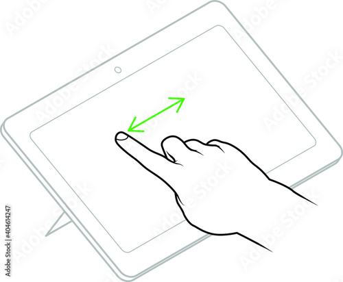 Line drawing of a human male hand demonstrating a swipe side to side to pan gesture on a tablet.