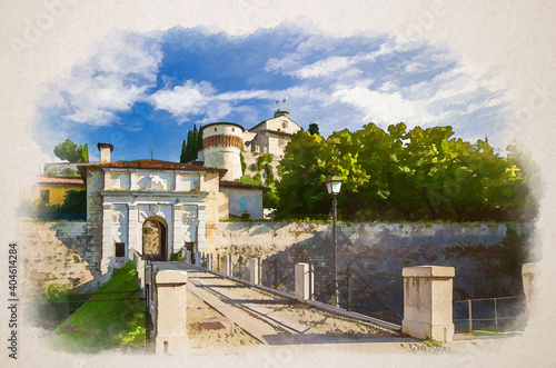 Watercolor drawing of Road to Arch Gate over moat of Castello or Castle of Brescia or Falcon of Italy on Cidneo Hill with green park in historical city photo