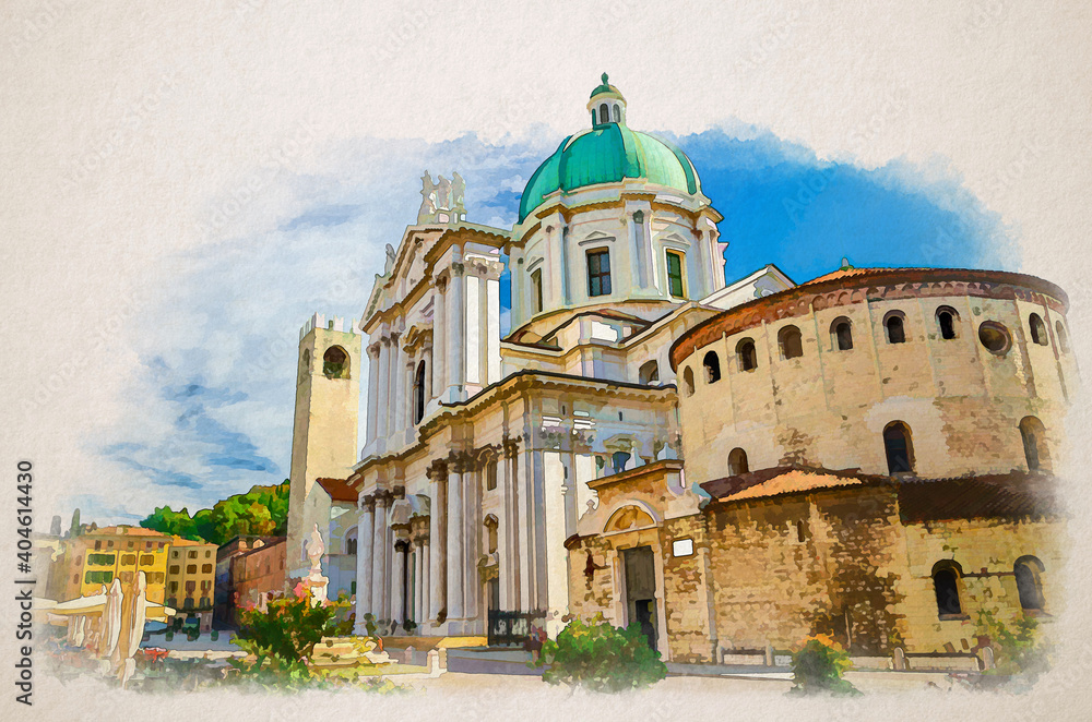 Watercolor drawing of Santa Maria Assunta Cathedral, Duomo Nuovo and Duomo Vecchio La Rotonda, New and Old Cathedral Roman Catholic church