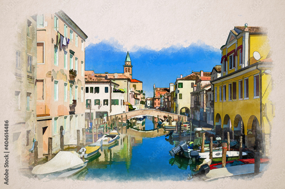 Watercolor drawing of Chioggia cityscape with narrow water canal Vena with moored multicolored boats between old colorful buildings