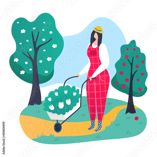 Woman character gardener hobby private garden maintenance, female hold flower cart cartoon vector illustration, isolated on white. Care fruit bearing tree, work horticultural outdoor park.