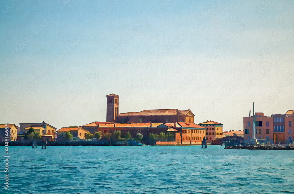 Watercolor drawing of View from sea lagoon of Chioggia town cityscape with Saint Domenico catholic church and old buildings in historical centre