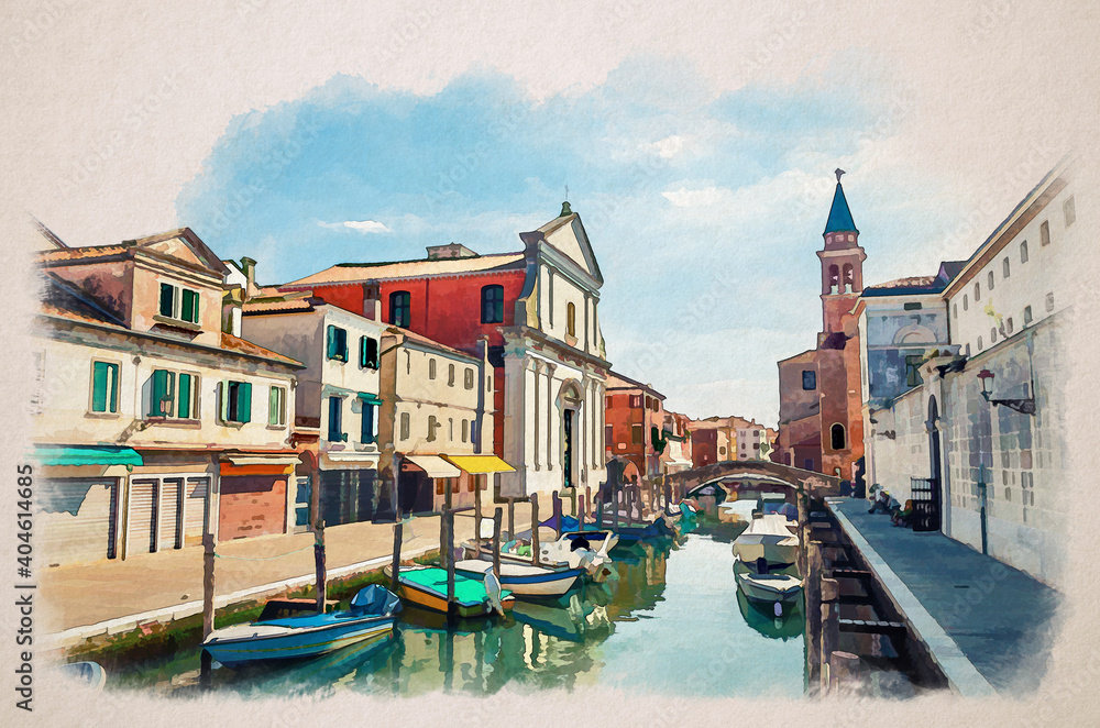 Watercolor drawing of Chioggia cityscape with narrow water canal Vena with moored multicolored boats, Chiesa dei Filippini church