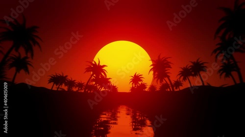 Flyer along tropical river. Sunset. Bright water reflections. Sun above horizon. Palm tree silhouettes. Evening outdoor scenery landscape. Hot red, orange, yellow colors. Summer. 3D Render animation photo