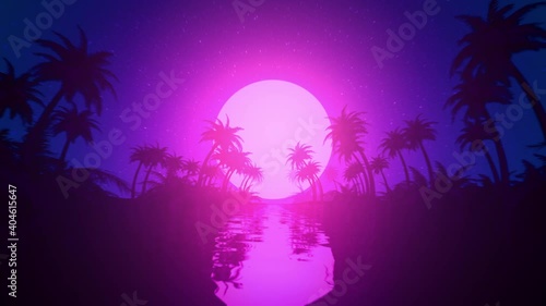 Retro wave, synthwave flyer footage. Palm trees along river. Sunset or sunrise above horizon. Water reflections. Bright glowing neon sun. Purple and pink colors. 80s, 90s style. 3D render animation 
