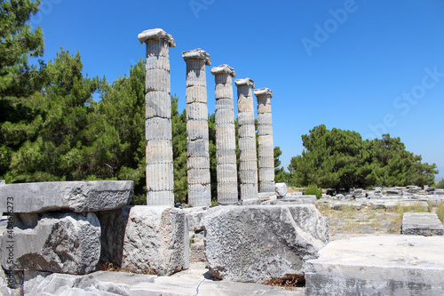 Priene ancient city. Stones and Doric columns