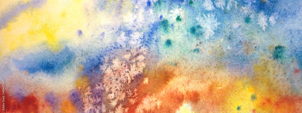 Watercolor banner with abstract pattern in golden-blue tones, background for website and other designs.