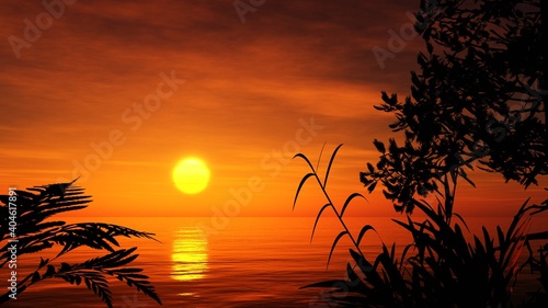 Lake at sunset  sunset over the river  sun over water  swamp at sunset  3D rendering