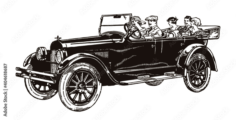 Open vintage special touring car with five passengers, after antique drawing from early 20th century