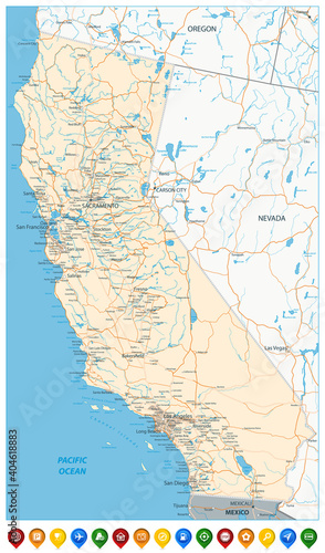 Map of California State and Colored Map Icons