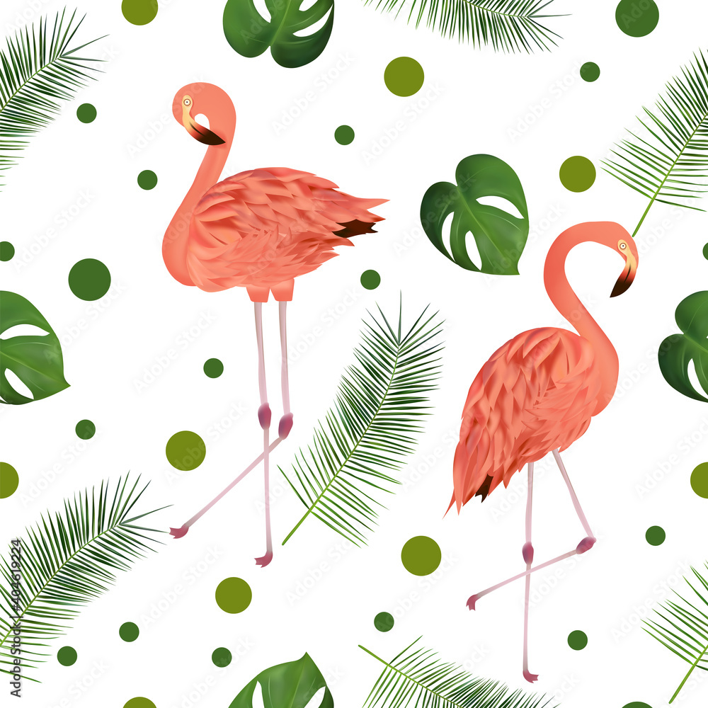Obraz premium Seamless pattern with tropical leaf and pink flamingo for your design, wallpapers, textile. Beautiful pink bird and palm leaves, monstera on white background. Vector illustration.