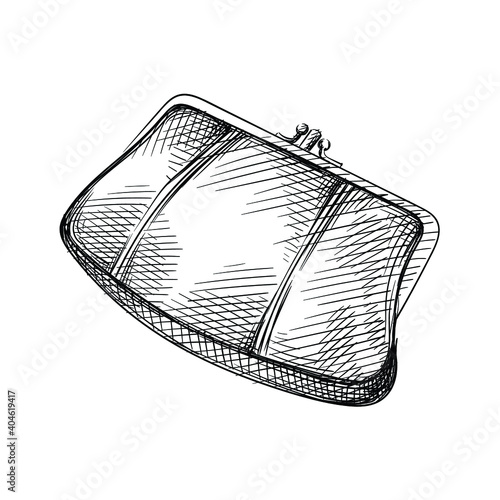 Hand drawn sketch of small woman purse for money on a white background. Wallet, money purse, money pocket. 
