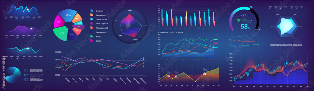 UI elements infographic, dashboard template with graph, charts and diagrams elements. Modern futuristic neon graphic infocharts. Dashboard mockup UI, UX, KIT. Graphics and infographics set. Vector - obrazy, fototapety, plakaty 
