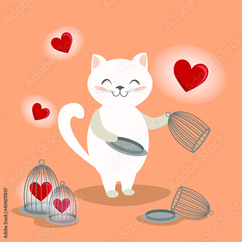 cute cat releases his love from the cage. red shining heart. Valentine's day card, poster, vector illustration