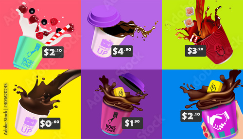 Coffee, milkshake and carbonated drink on the colorful menu for the restaurant