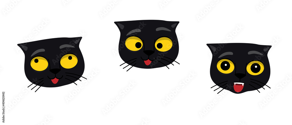 Set of cat faces emoji. Crazy kitten with different emotions. Angry, skeptical, happy. Funny cat breaking things comic illustration, cartoon vector drawing.