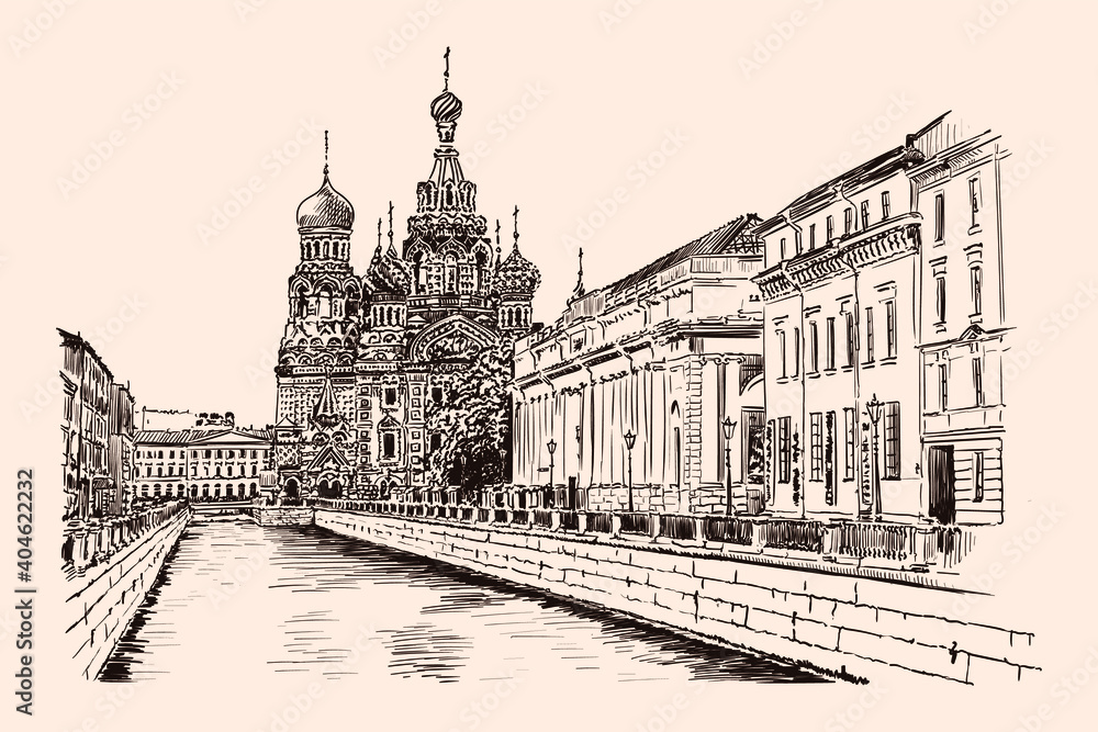 Embankment street of St. Petersburg with a view of the temple and buildings in the classical style. Handmade sketch on a beige background.