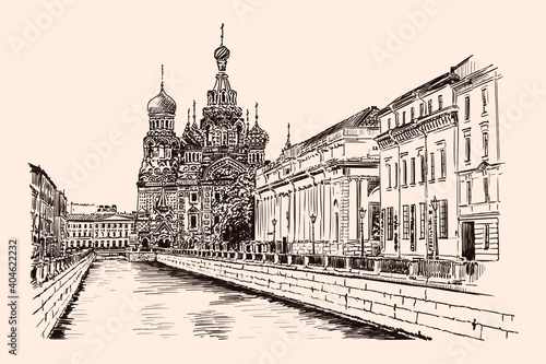 Embankment street of St. Petersburg with a view of the temple and buildings in the classical style. Handmade sketch on a beige background.