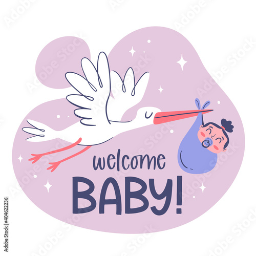 Cute baby card template with a hand drawn stork holding a baby girl.