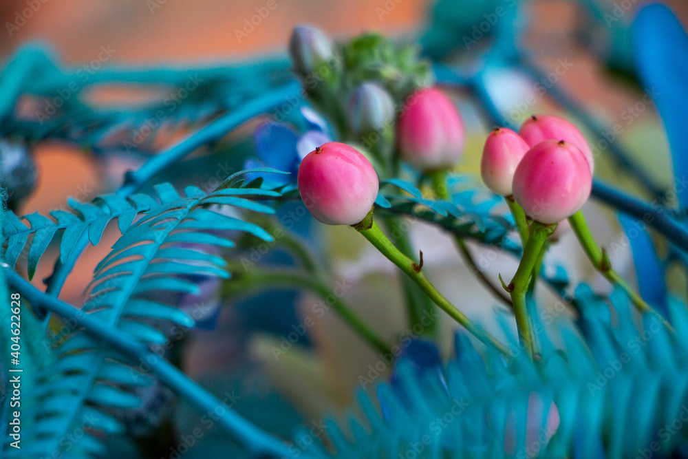 Stylish easter bouquet in blue tones over brick wall background, selective focus, copy space Stylish easter bouquet in blue tones over brick wall background, selective focus, copy space