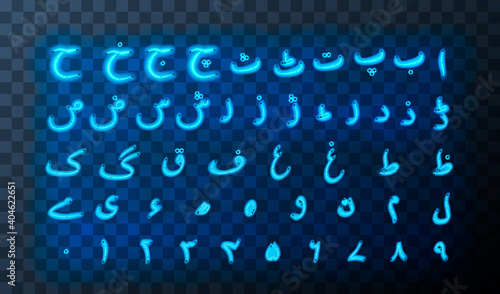 Urdu alphabet letters blue neon signs
