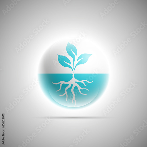 organic luminous sphere, Young plant shoots with roots button icon for ecological topics. Natural logo. Organic badge