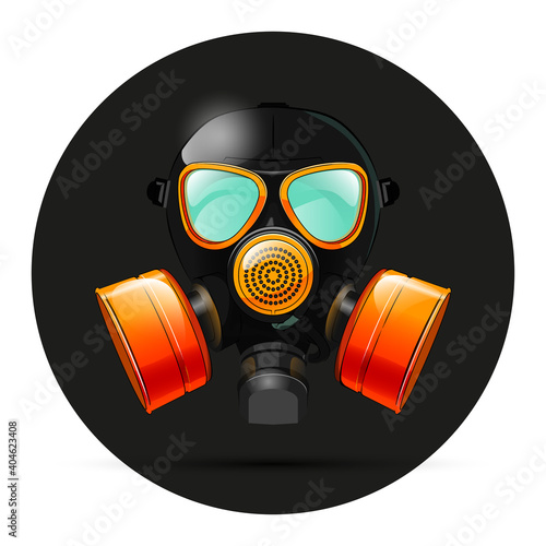 Gas mask respirator skull breather on round background. Protective radiation suit in circle badge. Breathing gas mask apparatus with two filters. Color illustration