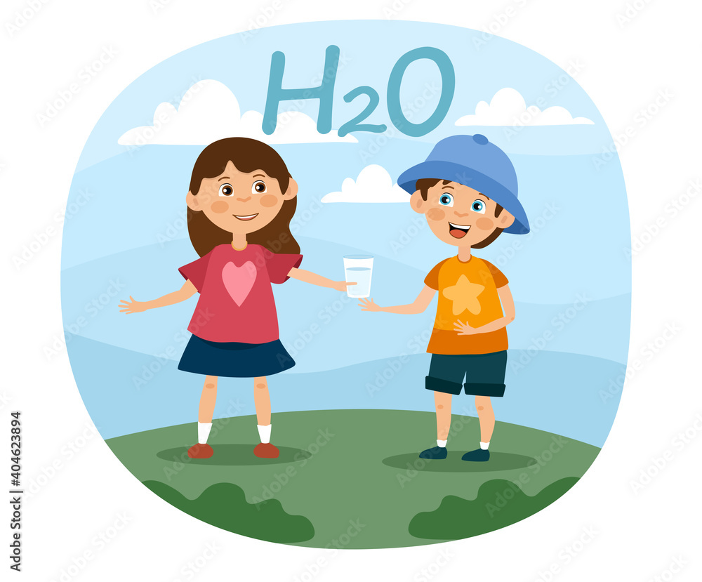 Two young children drinking healthy fresh water on a hot summer day as they play together outdoors, colored vector illustration