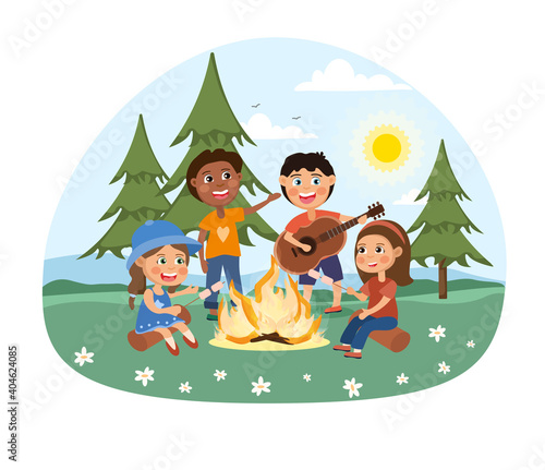 Group of happy children seated round a campfire playing guitar and singing together outdoors in the wilderness, colored vector illustration