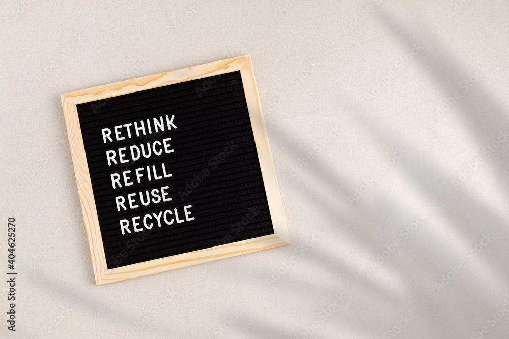 Rethink, reduce, refill, reuse, recycle. Black letter box with eco ...