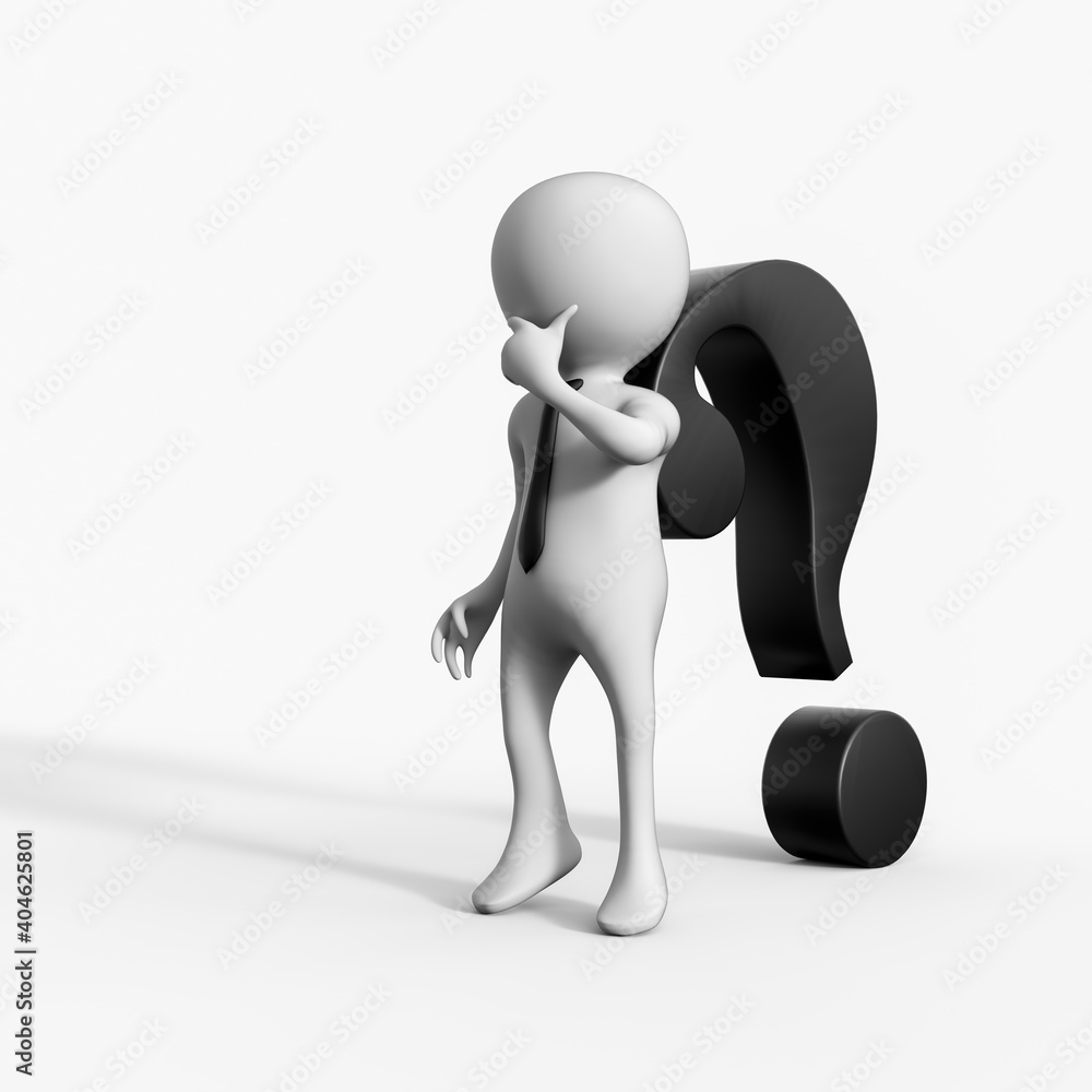 3d thinking man supporting a big question mark 3d thinking man supporting a big question mark