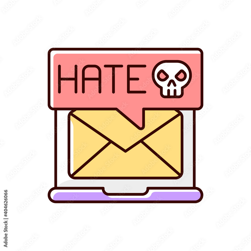 E-mail cyberbullying RGB color icon. Hate messages. Offensive mail. Online harassment. Internet bullying and cyberharassment. Receive hurtful anonymous text. Isolated vector illustration E-mail cyberbullying RGB color icon. Hate messages. Offensive mail. Online harassment. Internet bullying and cyberharassment. Receive hurtful anonymous text. Isolated vector illustration