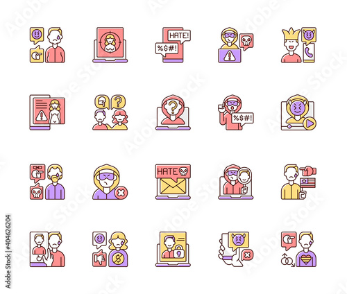 Cyberbullying RGB color icons set. Online harassment. Social media hate comments. Offensive e-mail. Prank phone call. Political, LGBT, financial discrimination. Isolated vector illustrations