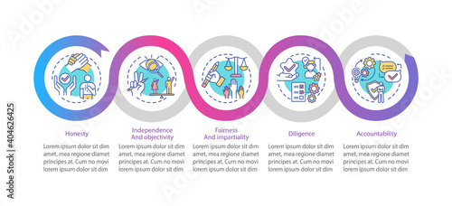 Media ethics vector infographic template. Honesty, independence, diligence presentation design elements. Data visualization with 5 steps. Process timeline chart. Workflow layout with linear icons