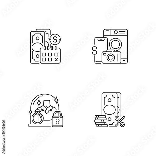 Loan office linear icons set. Regular payments. Pawn item. Pledge safety. Surcharge. Coverage term. Customizable thin line contour symbols. Isolated vector outline illustrations. Editable stroke