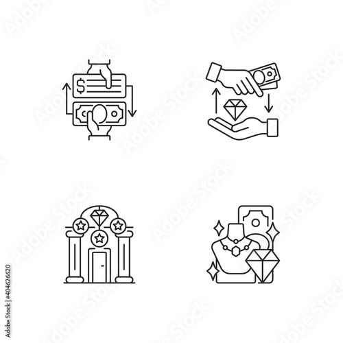 Collateral-based loans linear icons set. Pawnbroker. Collateral. Pawn symbol. Extension. Customizable thin line contour symbols. Isolated vector outline illustrations. Editable stroke