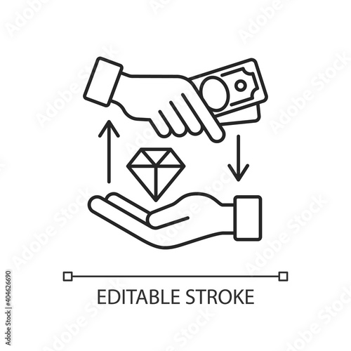 Money loan linear icon. Borrowing cash. Financial aid. Lending money at interest. Thin line customizable illustration. Contour symbol. Vector isolated outline drawing. Editable stroke