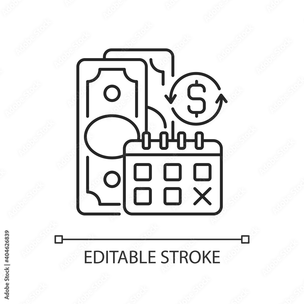Regular payments linear icon. Coverage term. Determined interval. Recurring payment. Thin line customizable illustration. Contour symbol. Vector isolated outline drawing. Editable stroke Regular payments linear icon. Coverage term. Determined interval. Recurring payment. Thin line customizable illustration. Contour symbol. Vector isolated outline drawing. Editable stroke