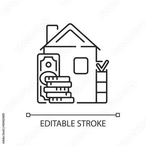 Down payment linear icon. Expensive good and service purchase. Real estate transaction. Thin line customizable illustration. Contour symbol. Vector isolated outline drawing. Editable stroke
