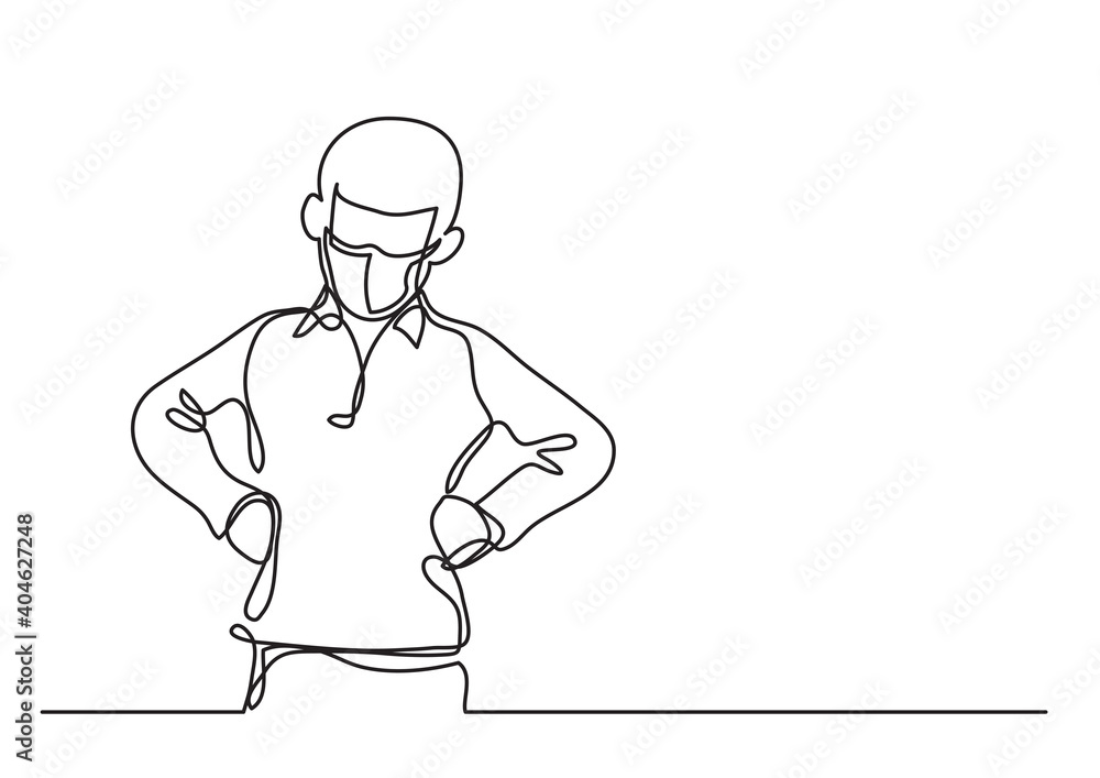 angry boy wearing face mask with arms on hips - continuous line drawing angry boy wearing face mask with arms on hips - continuous line drawing
