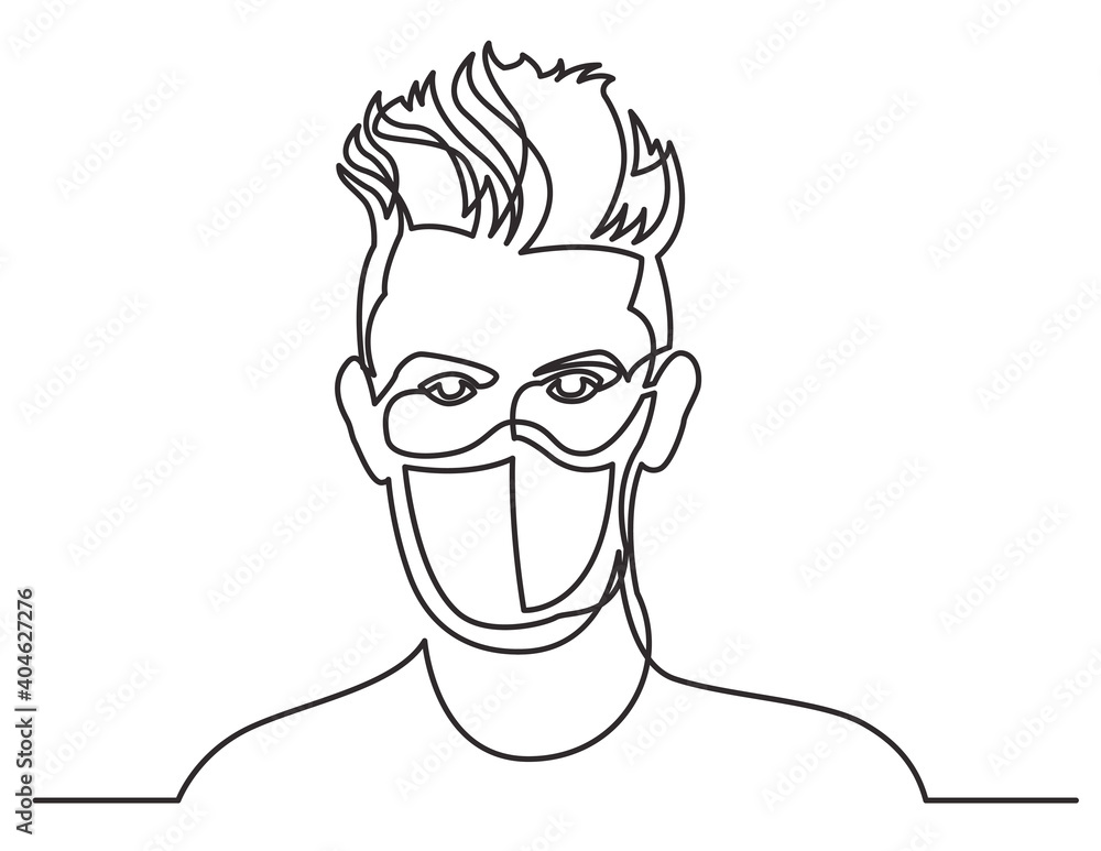 continuous line drawing of bearded man portrait wearing face mask on white background