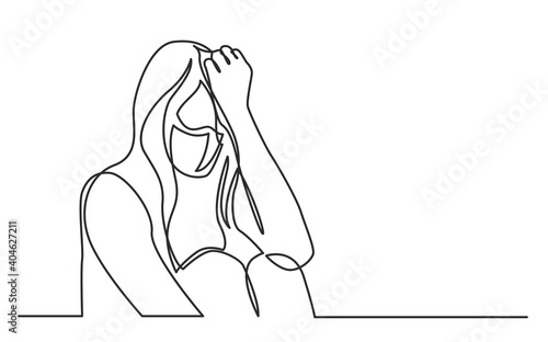 continuous line drawing of addicted woman in despair wearing face mask