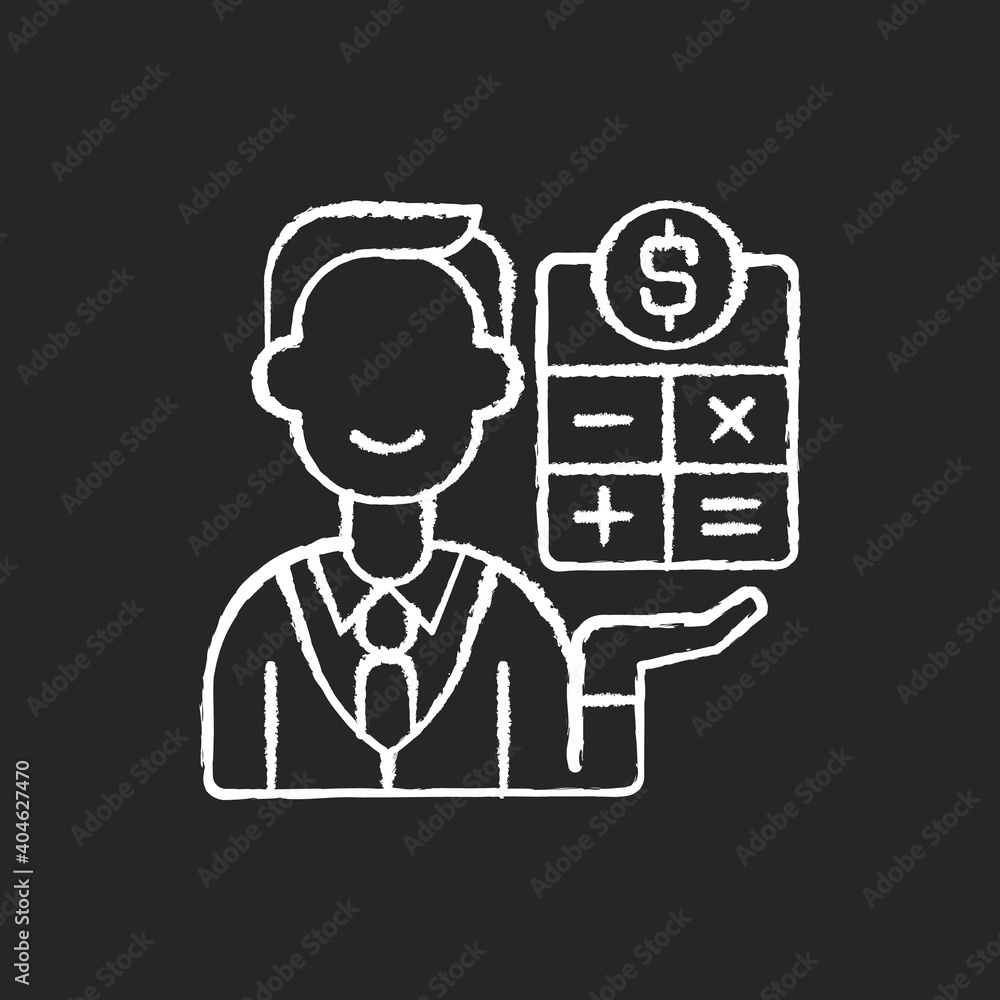 Bookkeeper chalk white icon on black background. Responsible person for recording and maintaining all business and company financial transactions. Isolated vector chalkboard illustration Bookkeeper chalk white icon on black background. Responsible person for recording and maintaining all business and company financial transactions. Isolated vector chalkboard illustration