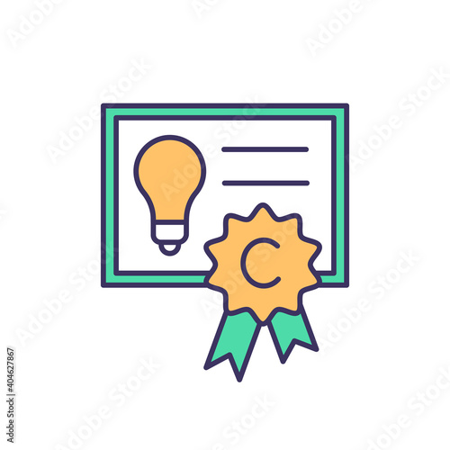 Copyright RGB color icon. Intellectual property law. Rights protection. Mental-work products, inventions. Patents, trademarks. Mind and proprietary knowledge property. Isolated vector illustration