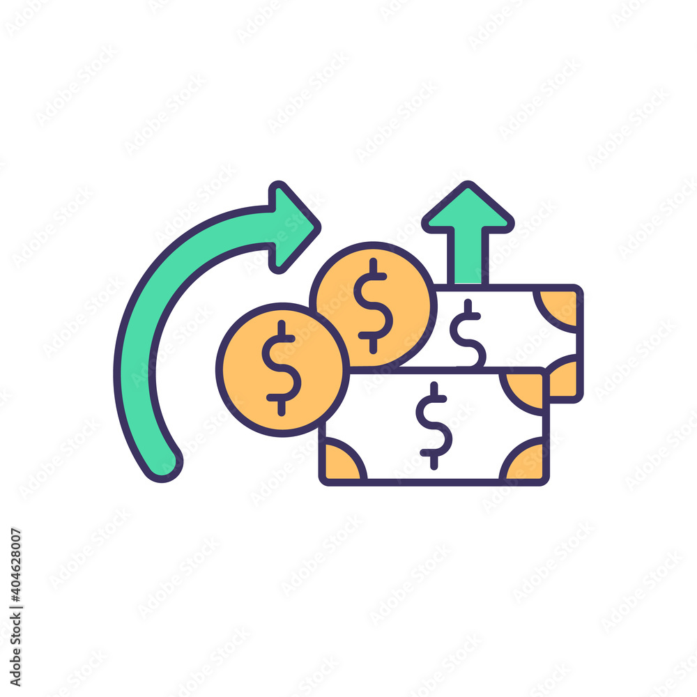 Increasing revenue in business RGB color icon. Reducing expenses. Small business. Money earning. Established revenue sources. Using existing assets and resources. Isolated vector illustration Increasing revenue in business RGB color icon. Reducing expenses. Small business. Money earning. Established revenue sources. Using existing assets and resources. Isolated vector illustration